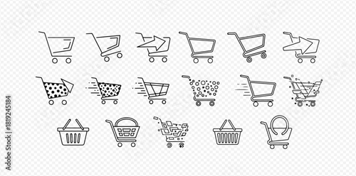 A collection of minimalist line art icons featuring various shopping carts and baskets, some with items and motion effects, suitable for e-commerce and retail designs.