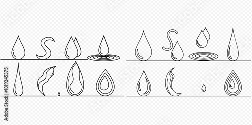 Hand drawn outline illustrations of water drops in various shapes and forms, depicting liquid elements and splashes on a transparent background.