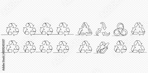 Continuous line art drawing of various recycling symbols and icons on a transparent background.