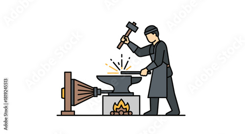 Illustration of a blacksmith hammering glowing metal on an anvil.