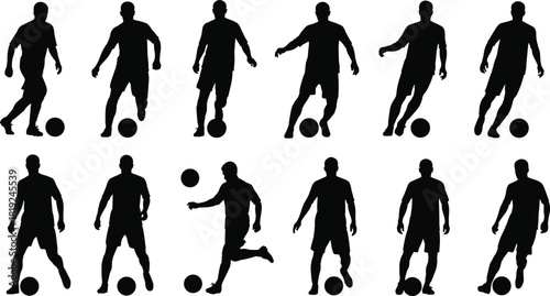 Soccer player silhouettes set, football athletes vector collection, men playing sport, isolated black figures, action poses, dribbling, team.