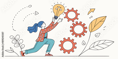Creative woman igniting innovation, reaching for a bright idea among turning gears and flourishing plants, symbolizing growth and progress, originally a vector graphic