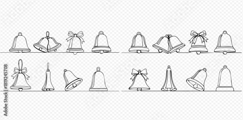 Hand-drawn sketch style illustrations of various bells, including Christmas and jingle bells with bows, on a transparent background.