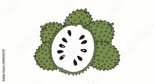 Illustration of Soursop Fruit with Seeds and Spiky Green Skin.