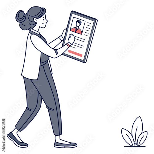 Businesswoman holding a resume or profile document while walking representing job searching or hiring process