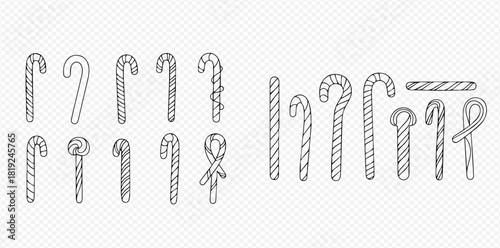 Hand-drawn sketch set of various candy canes and striped sweet treats for holiday designs.