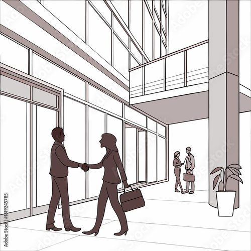 Business professionals shaking hands in a modern office building lobby with colleagues in background