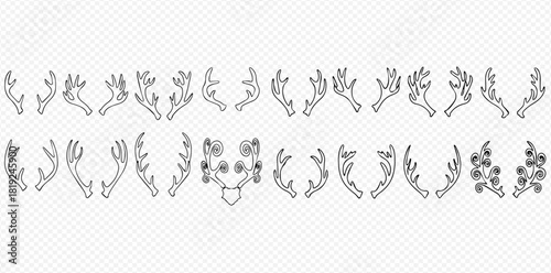 Collection of various deer and reindeer antler outlines in a line art style, featuring diverse shapes and decorative elements.