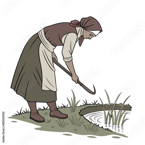 Peasant woman with sickle harvesting reeds by a pond in a rural historical illustration