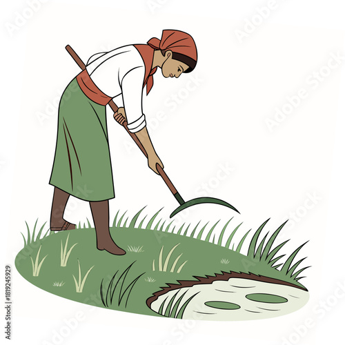 A woman wearing a headscarf and traditional clothing works in a field with a scythe