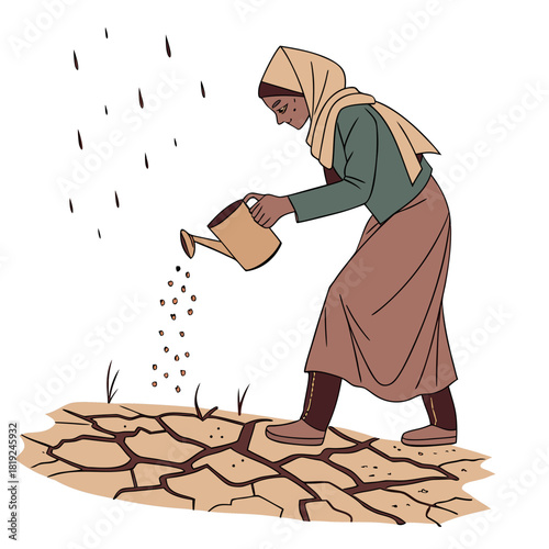 Woman in headscarf and long skirt planting seeds in dry cracked earth with a watering can