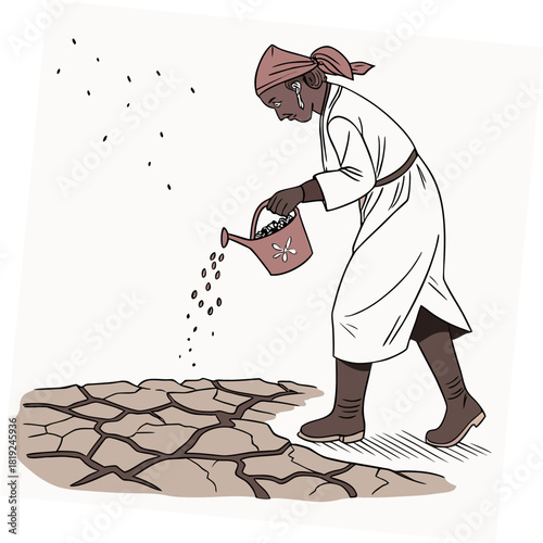A person wearing a headscarf and robe waters cracked dry earth with seeds falling from a watering can