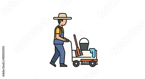 Man pushing cleaning cart with supplies for sanitation and maintenance.