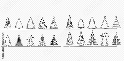 A collection of various Christmas tree designs in a continuous line art style, featuring minimalist outlines and some decorated with stars and ornaments.