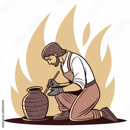 A focused artisan kneels on the ground shaping a clay pot with a tool amidst stylized flames