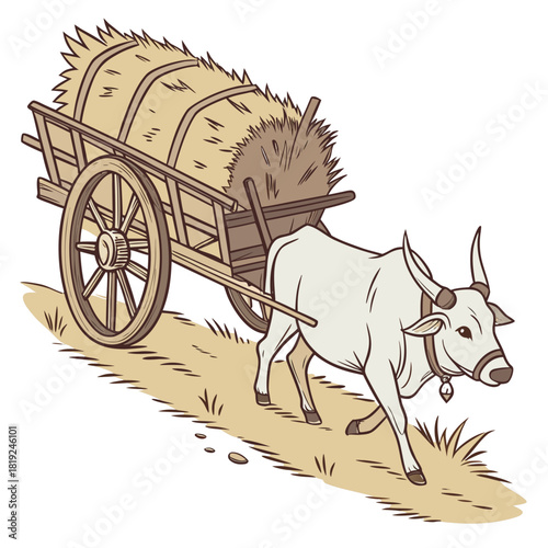 Traditional ox cart laden with hay moving along a dusty path in a rural setting