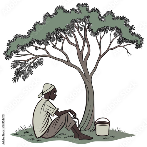 A young boy wearing a hat sits under a tree with a bucket nearby on a grassy field