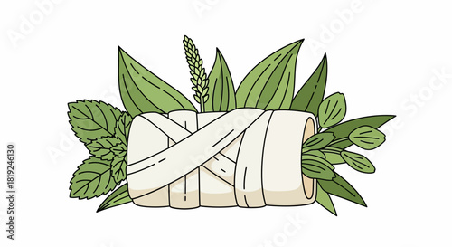 Medical bandage wrapped with green leaves for natural healing.