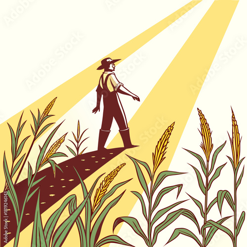 Farmer walking through a cornfield bathed in sunlight with rays illuminating the path ahead
