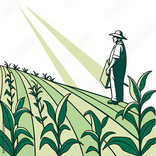 Farmer in a hat and overalls stands in a cornfield holding a box with sun rays shining down