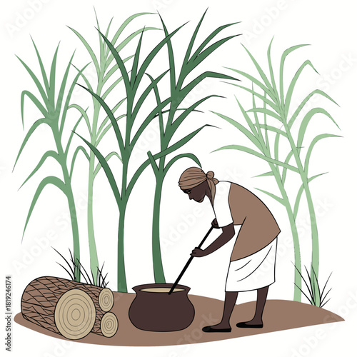 Woman stirring a pot in a field of tall green stalks with logs nearby
