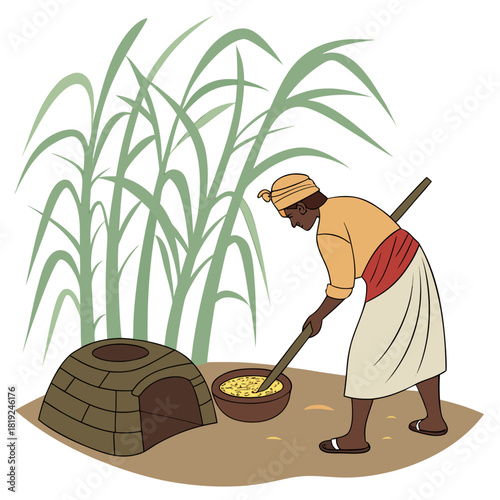 A farmer processes sugarcane near a traditional oven with tall green stalks in the background