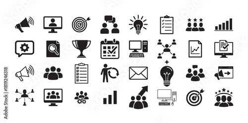 Marketing icons set. Containing content, website, social media, sales, brand, message and 
online advertising. Solid vector symbol collection.