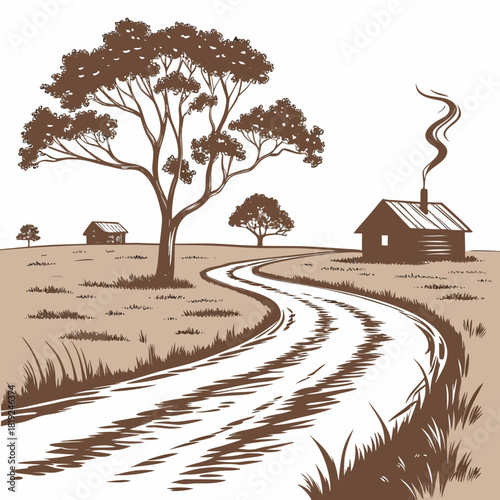 A winding dirt road leads to a rustic cabin with smoke rising from the chimney in a serene landscape