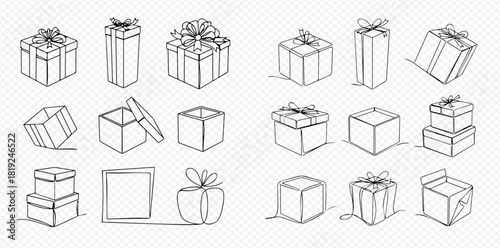 Continuous line drawing of various gift boxes with bows, some open, some stacked, on a transparent background.