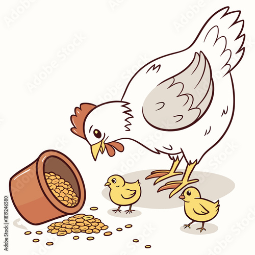 Cute cartoon hen and two fluffy chicks eating spilled grain from a terracotta pot