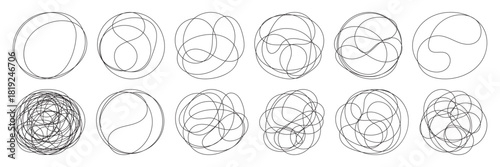 Messy round scribble circle. Charcoal pen round ovals. Hand drawn doodle grunge circle highlights. Ellipses pencil doodle style set. 