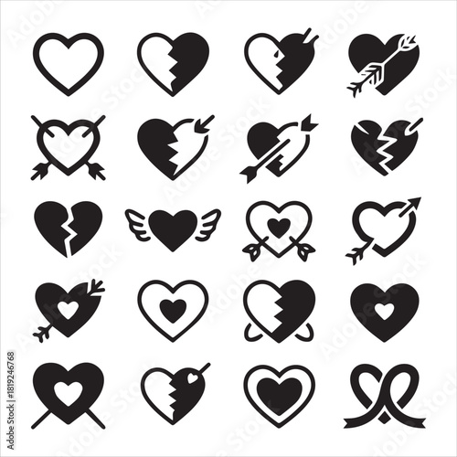 Set of  Love and Heartbreak Symbols: Cupid's Arrow Broken Winged Heart and Ribbon Icons in Black and White Style