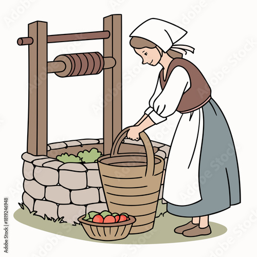 A woman in historical clothing draws water from a stone well with a wooden bucket and basket of apples nearby