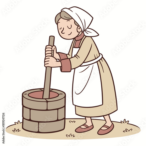 Canvas Print A cartoon illustration of a woman in historical clothing churning butter in a st