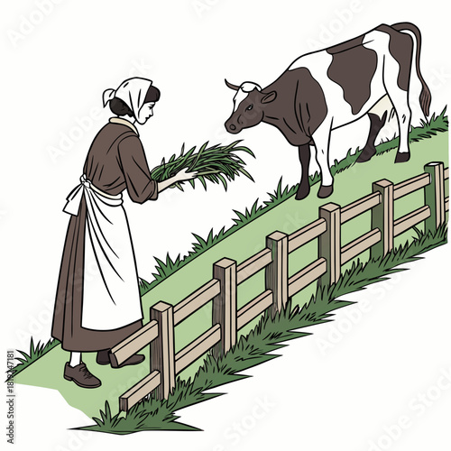 A woman in historical clothing offers a bundle of grass to a brown and white cow over a wooden fence