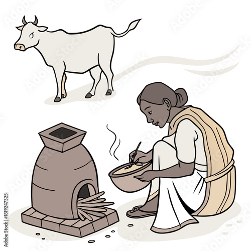 Rural indian woman cooking food near a cow and a traditional clay stove with firewood