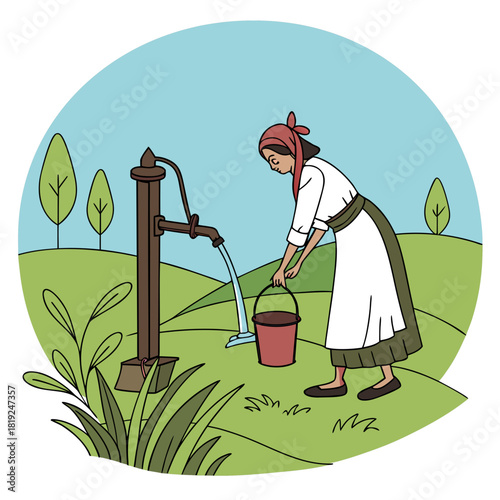 Woman in traditional clothing collecting water from an old hand pump in a rural landscape