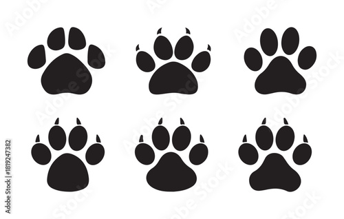 Set of six black paw print icons design element vector illustration on white background