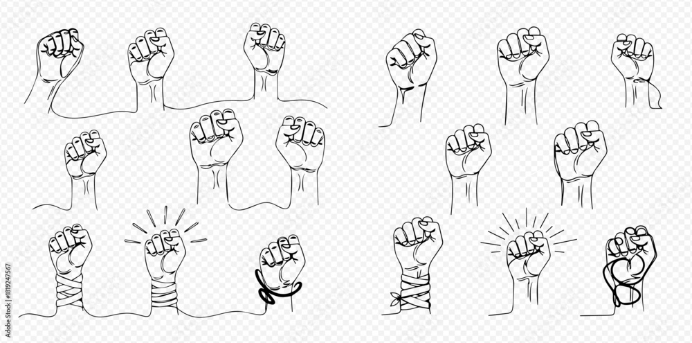 Obraz premium Continuous line art illustrations of raised fists symbolizing protest, unity, and strength against oppression.