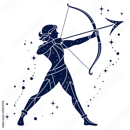 Sagittarius constellation figure drawing with bow and arrow set against a starry night sky background