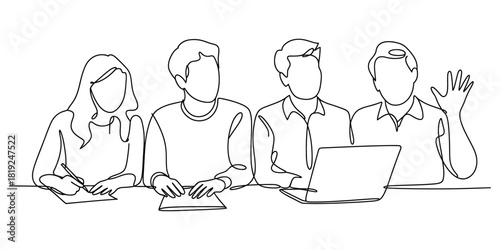 Continuous line drawing: team collaboration and business meeting