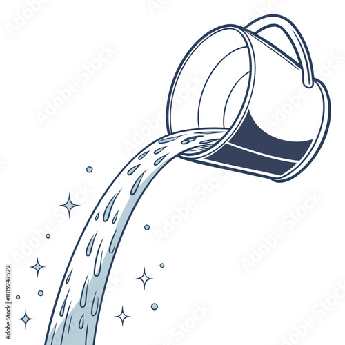 Stylized illustration of a dark blue bucket pouring a stream of clear water with sparkling effects