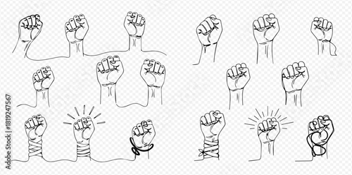 Continuous line art illustrations of raised fists symbolizing protest, unity, and strength against oppression.