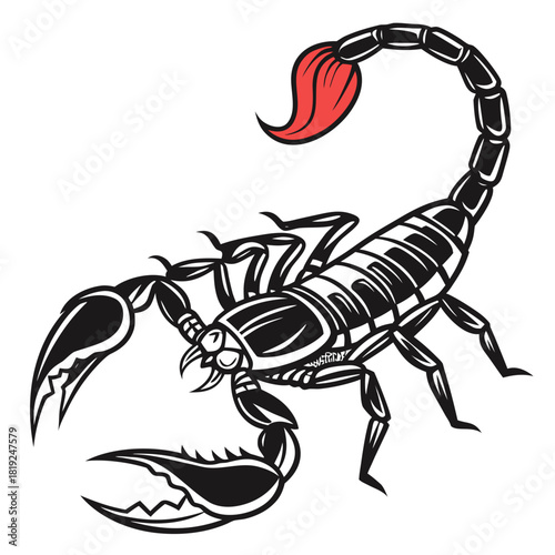 Stylized black scorpion with a red stinger raised in a defensive or aggressive pose