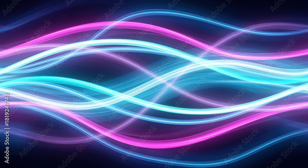 Fototapeta premium Vivid blue and pink neon light waves flowing dynamically on a dark background, creating a futuristic abstract energy pattern