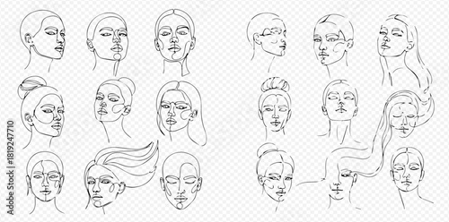 Collection of minimalist continuous line art drawings depicting various female faces and heads with different hairstyles and expressions.