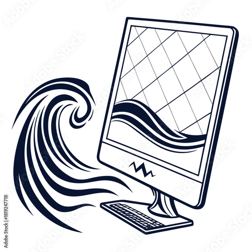 Stylized wave crashing into a computer monitor displaying a grid and waveform on a white background