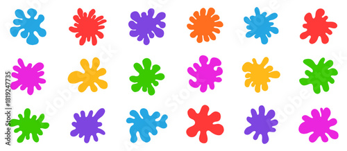 Bright splash shapes create a cheerful decorative collection. Each element shows smooth edges and playful color mood. The set fits creative themes and child friendly visuals
