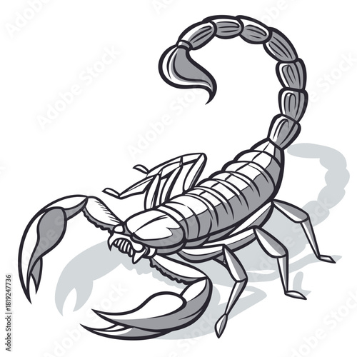 Stylized black and white illustration of a fierce scorpion with claws raised and tail curved upwards