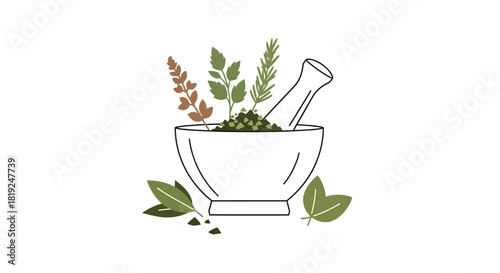 Mortar and Pestle with Herbs and Spices for Natural Medicine.